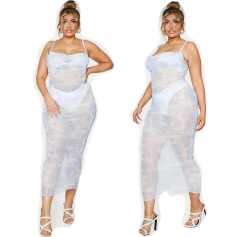 PrettyLittleThing Blue & White Cloud Tie-Dye Sheer Maxi Dress Size 20 NWT - Picture 2 of 4